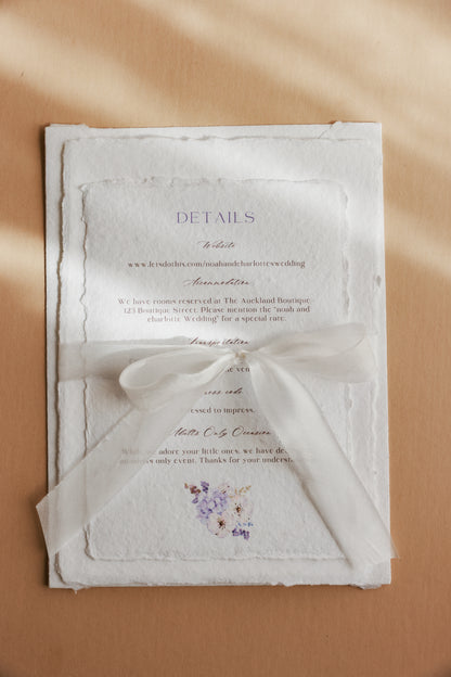 'Charlotte' Wedding Invitation Suite on White cotton rag Handmade Paper with envelope and silk ribbon