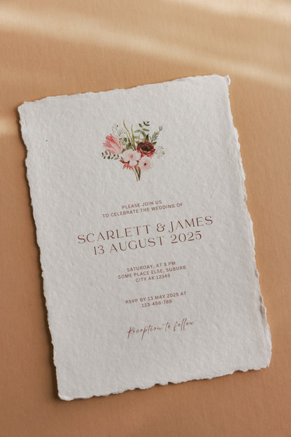 'Scarlett + James' White Handmade Paper Wedding Invitation