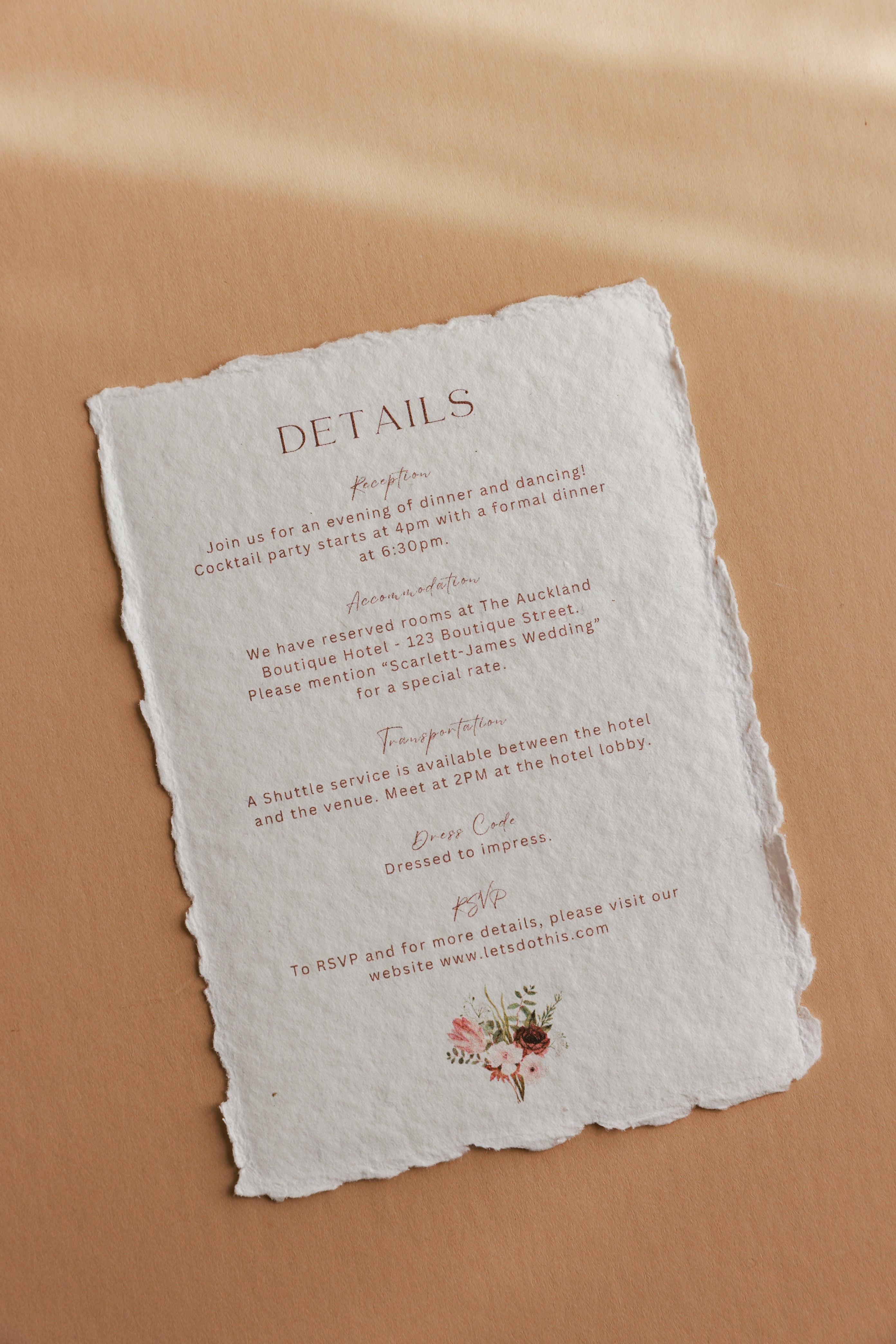 'Scarlett + James' White Handmade Paper Wedding details card