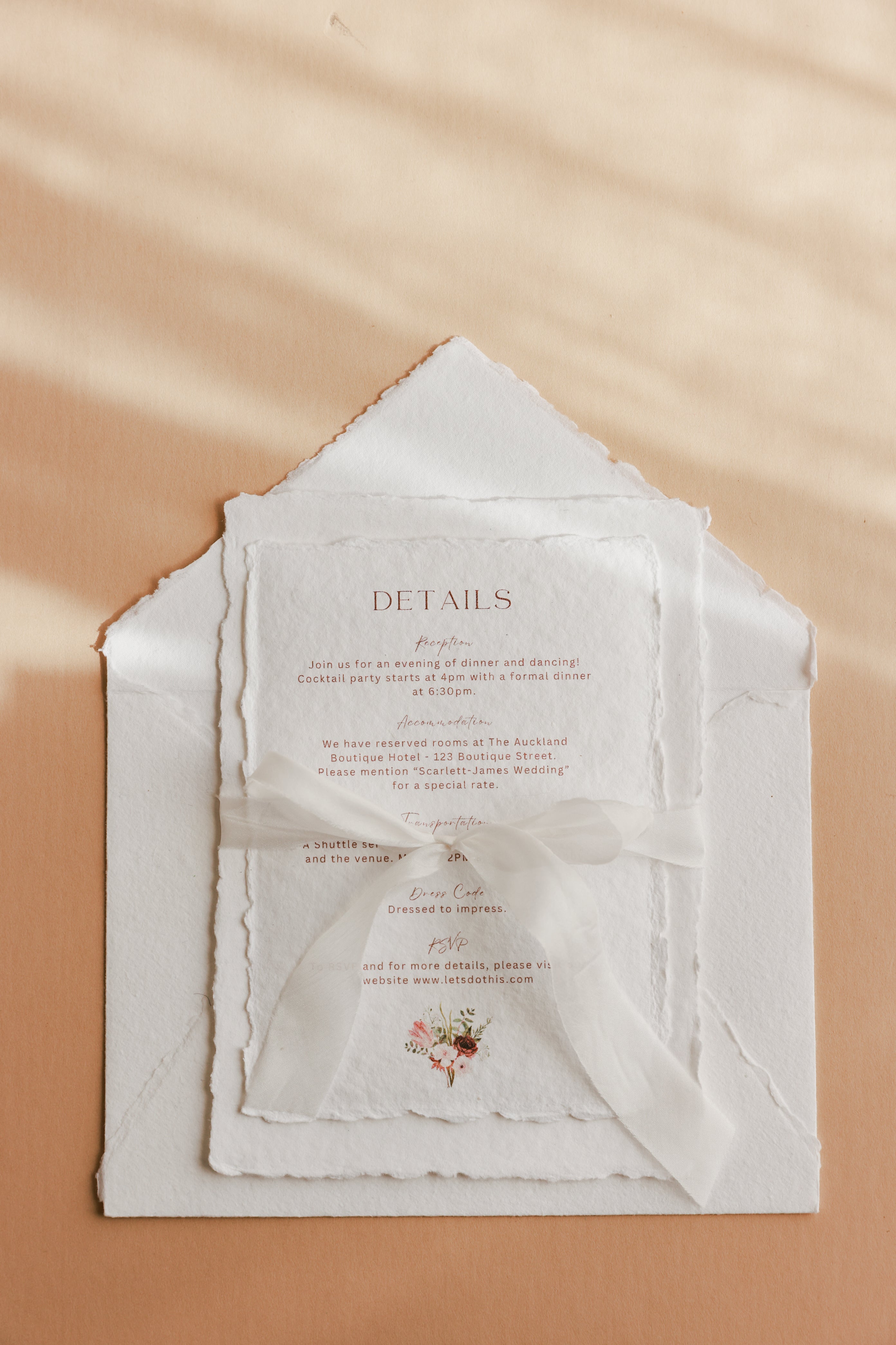 'Scarlett + James' Handmade Paper Wedding Invitation Suite with envelope and silk ribbon 