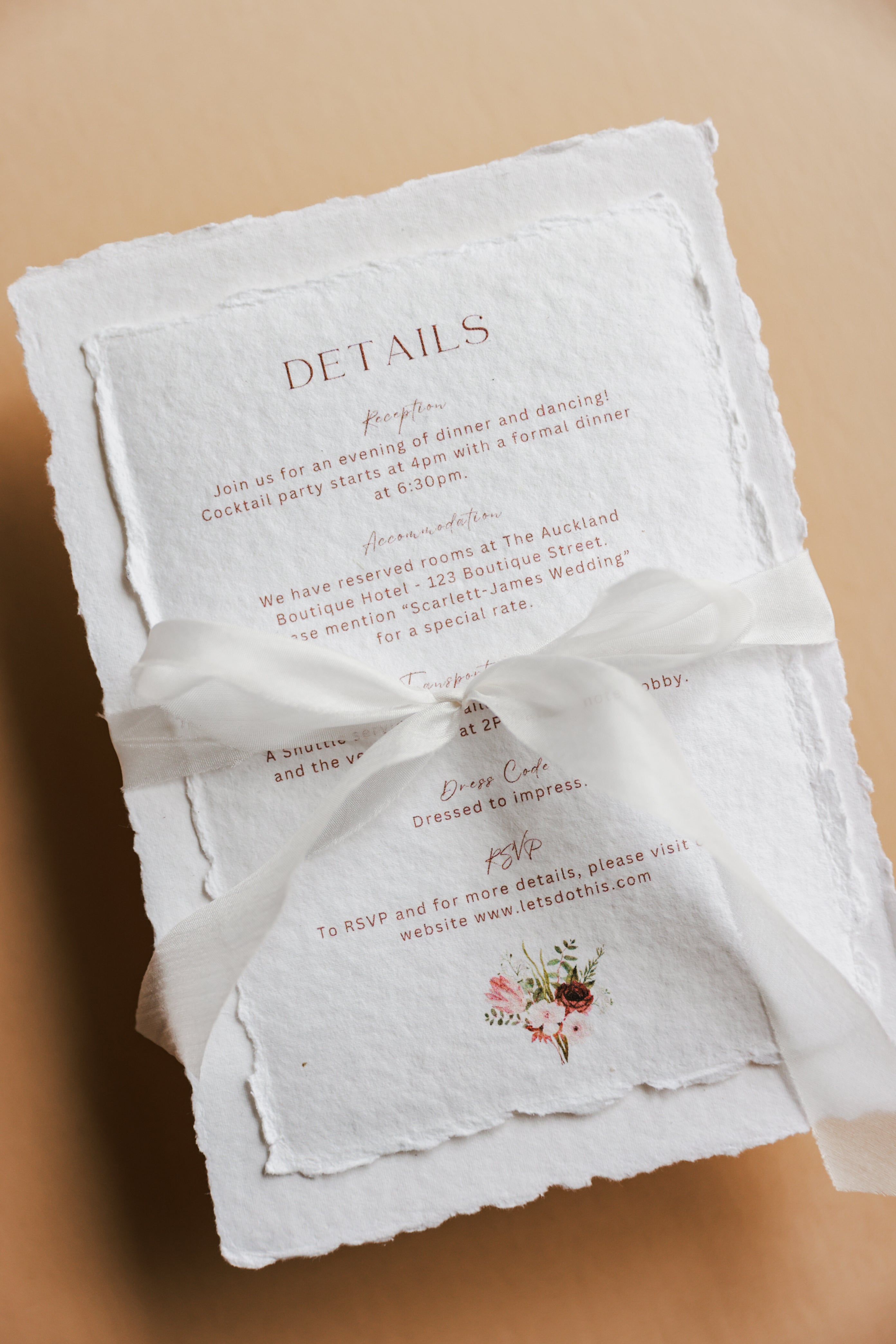 'Scarlett + James' Handmade Paper Wedding Invitation and details card with silk ribbon