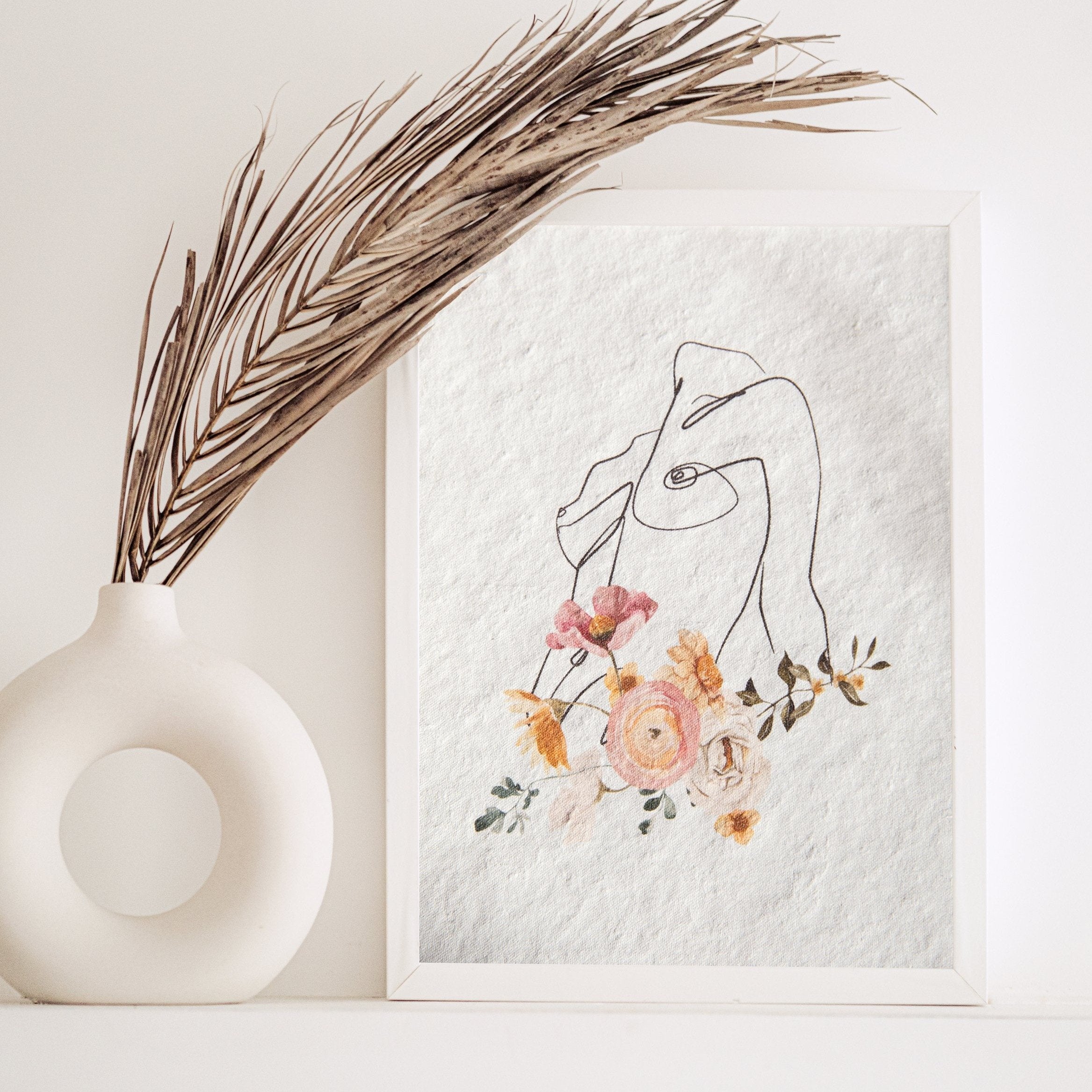 Female line art and Flowers Print No.1 - Feathers and Stone