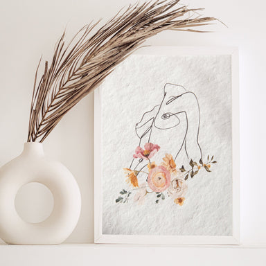 Female line art and Flowers Print No.1 - Feathers and Stone