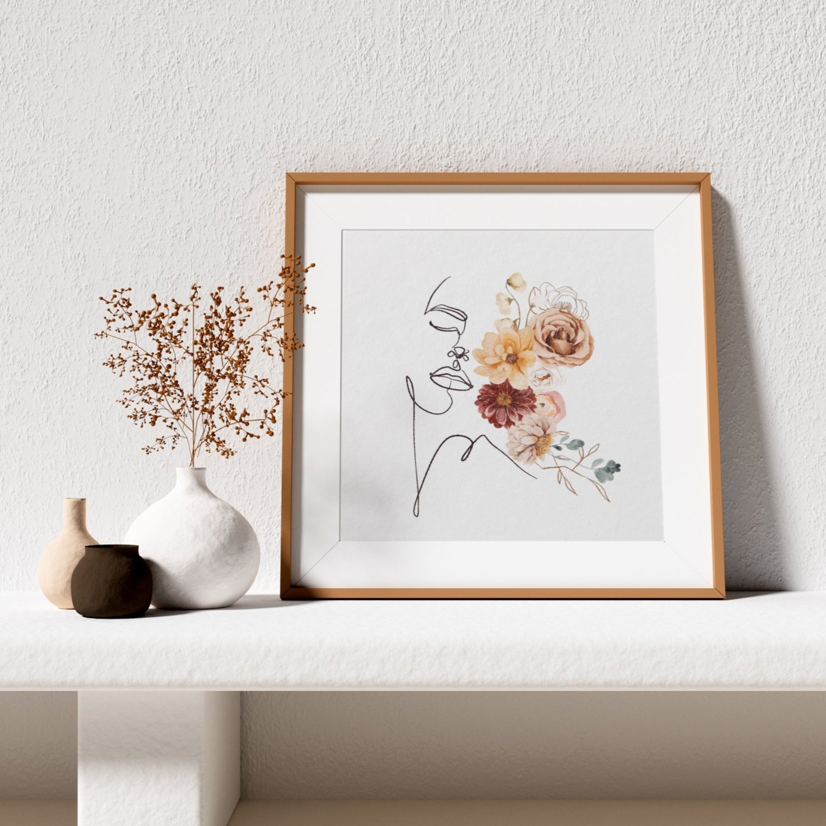 Female Portrait line art and Flowers Print No.2