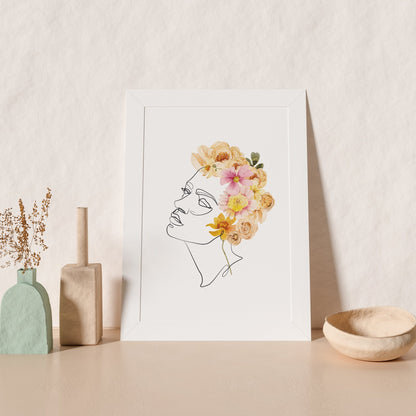 Female Portrait line art and Floral Wreath - Feathers and Stone