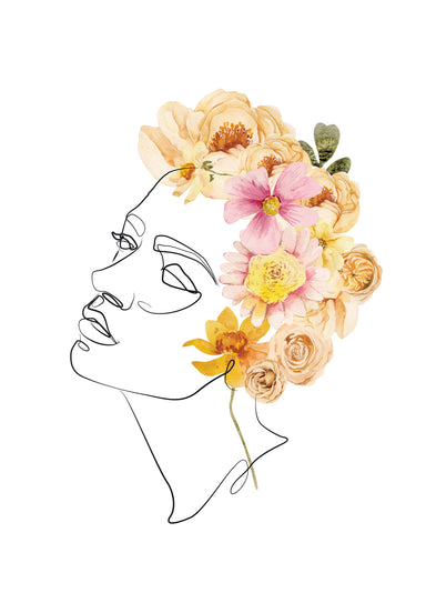 Female Portrait line art and Floral Wreath - Feathers and Stone