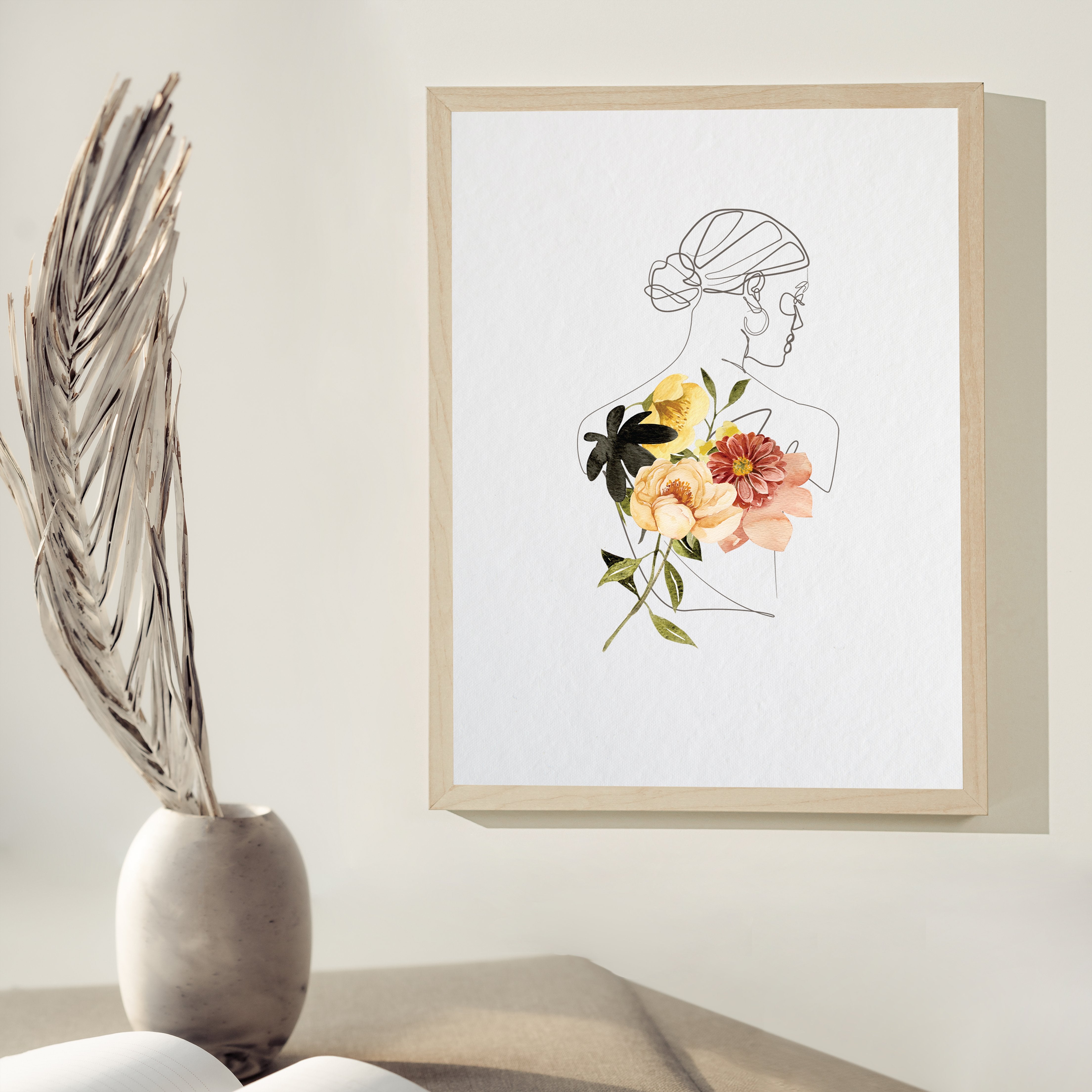 Female Portrait line art and Flowers Print No.3 - Feathers and Stone