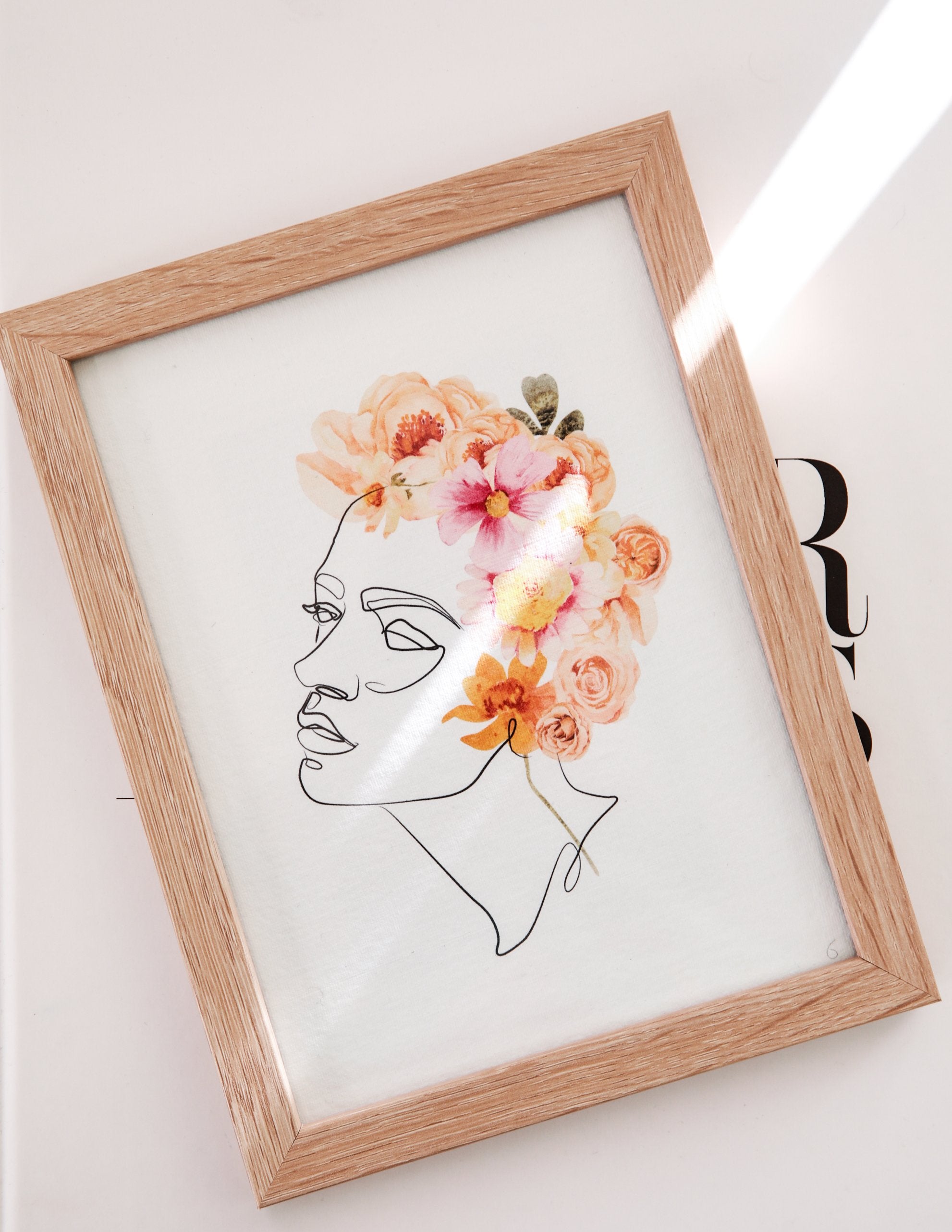 Female Portrait line art and Floral Wreath - Feathers and Stone